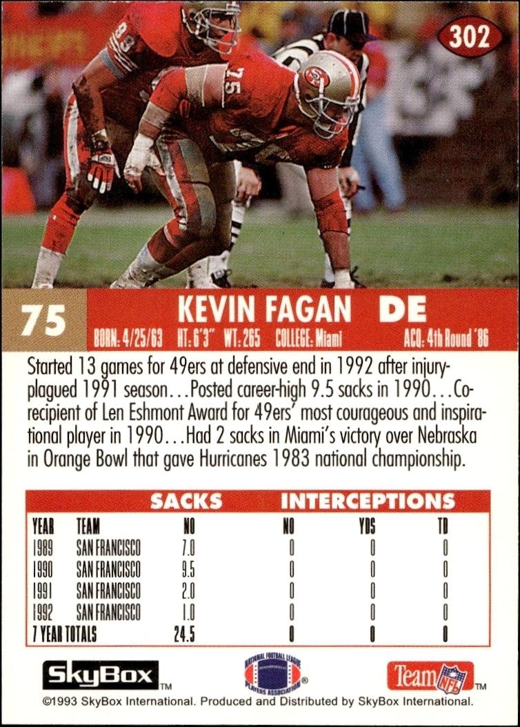 1993 Skybox Impact Kevin Fagan #302 football trading card back