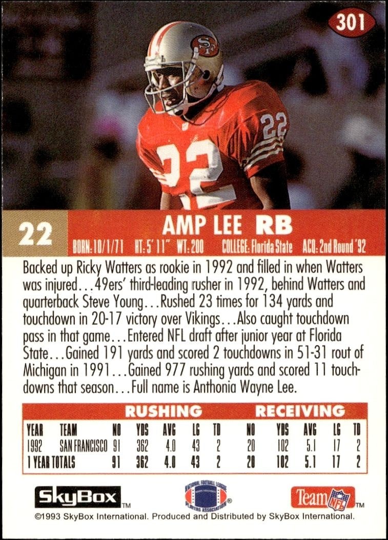 1993 Skybox Impact Amp Lee #301 football trading card back