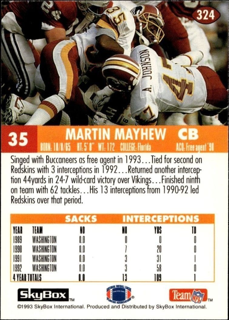 1993 Skybox Impact Martin Mayhew #324 football trading card back