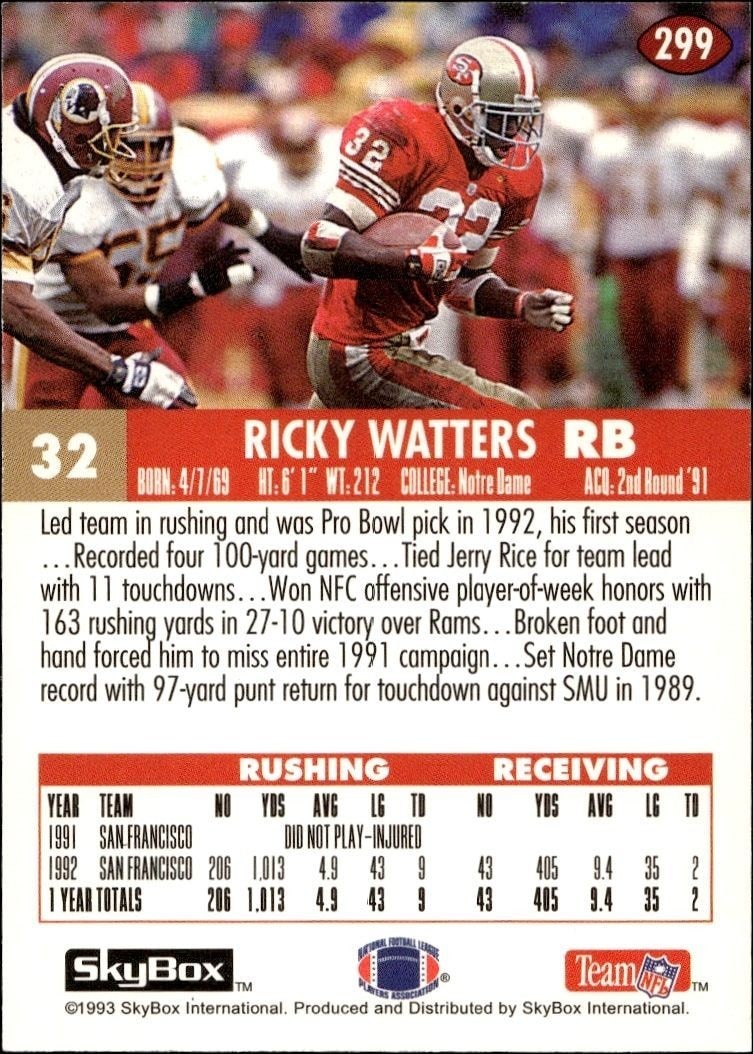 1993 Skybox Impact Ricky Watters #299 football trading card back