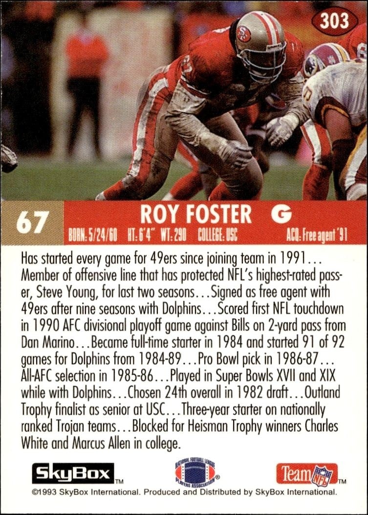 1993 Skybox Impact Roy Foster #303 football trading card back