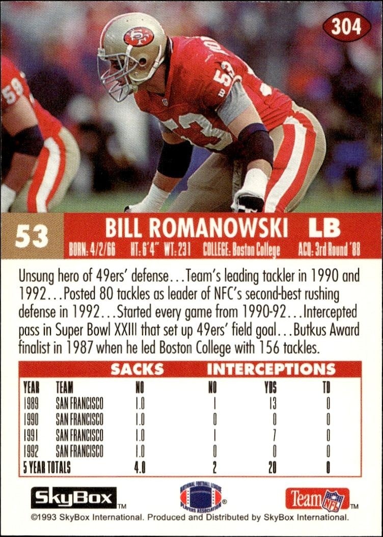 1993 Skybox Impact Bill Romanowski #304 football trading card back