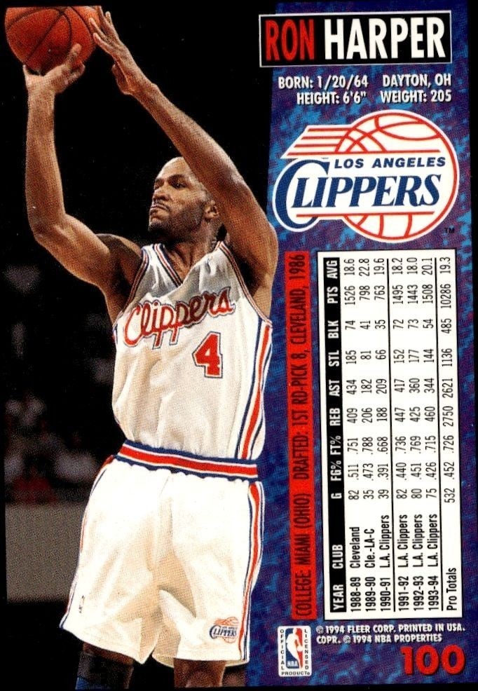 1994-95 Fleer Ron Harper #100 basketball trading card back