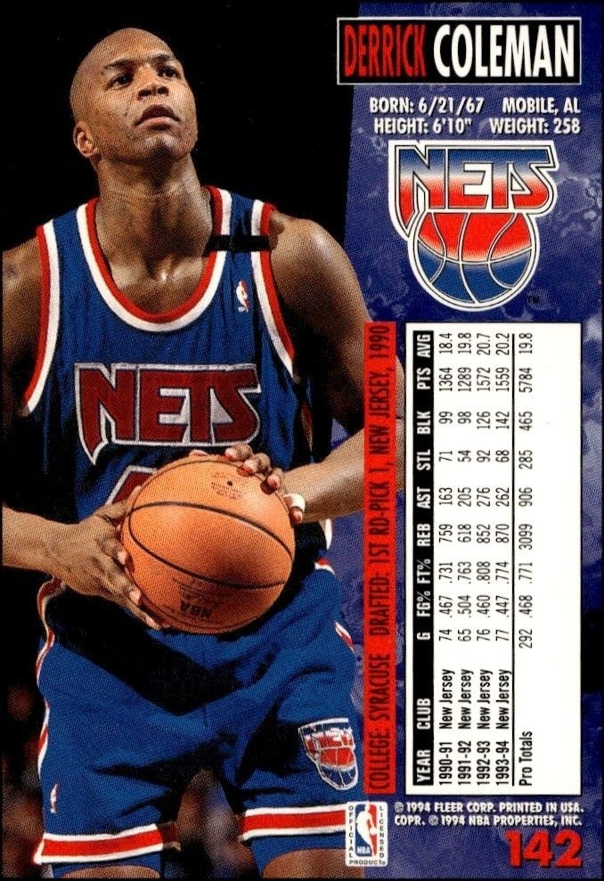 1994-95 Fleer Derrick Coleman #142 basketball trading card back