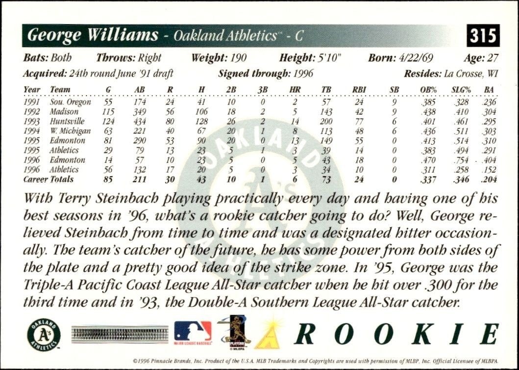 1997 Score George Williams #315 baseball trading card back