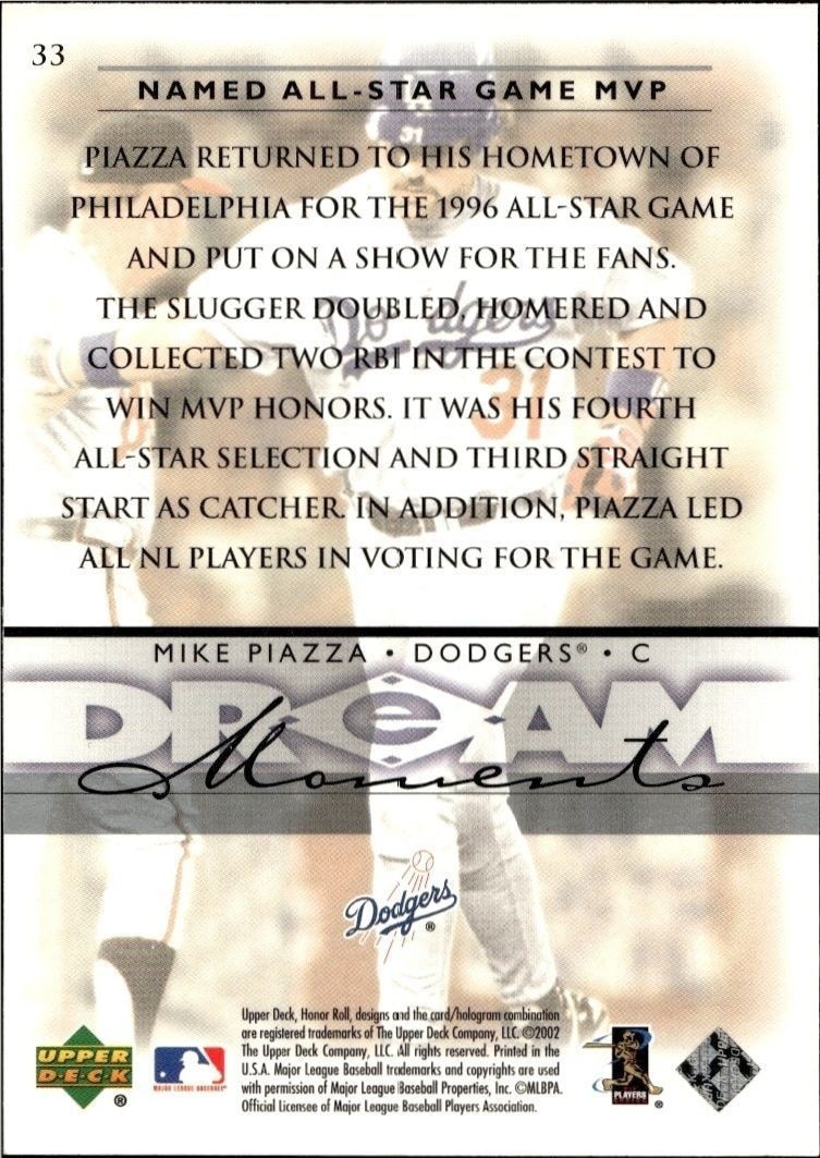 2002 Upper Deck Honor Roll Mike Piazza #33 baseball trading card back