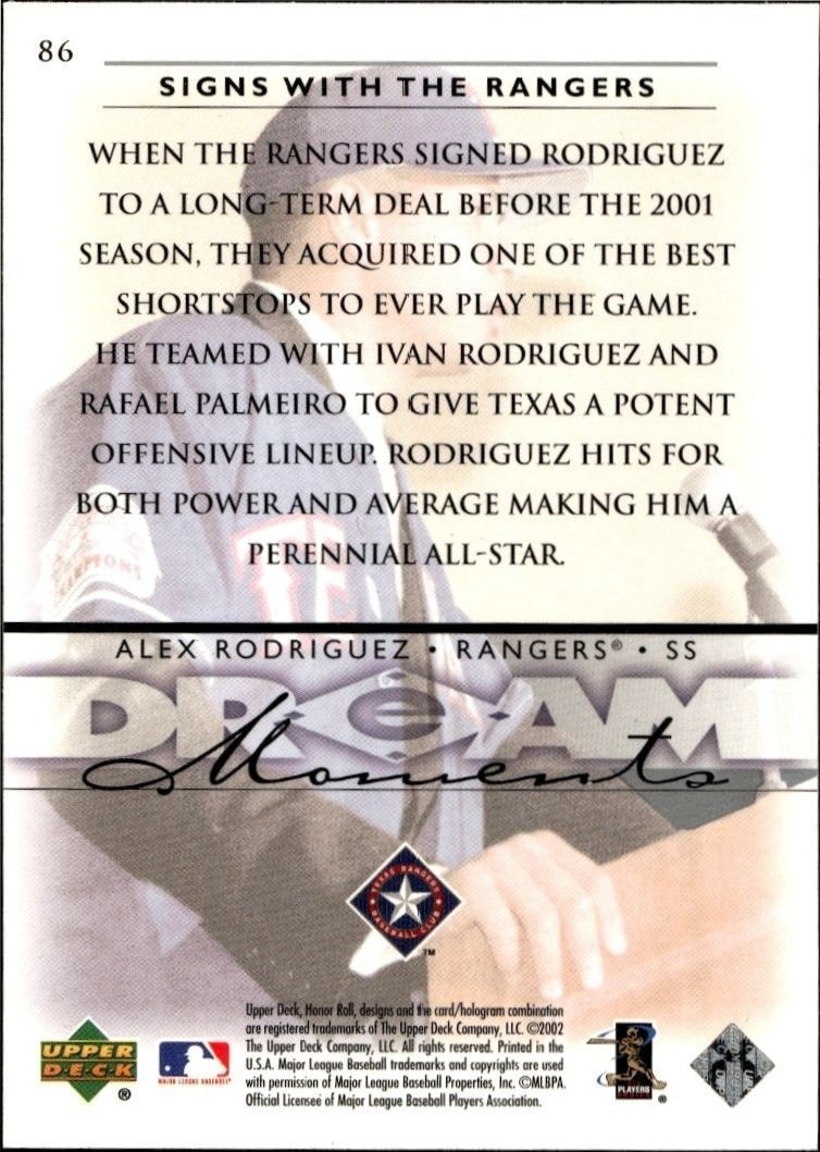 2002 Upper Deck Honor Roll Alex Rodriguez #86 baseball trading card back