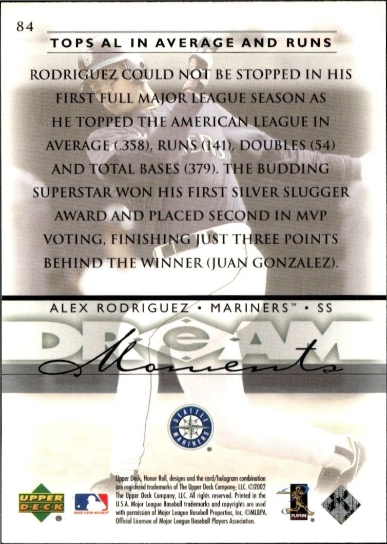 2002 Upper Deck Honor Roll Alex Rodriguez #84 baseball trading card back