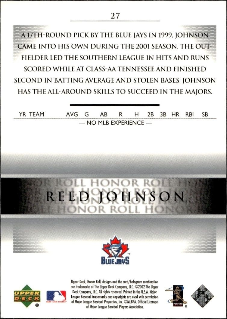 2002 Upper Deck Honor Roll Reed Johnson #27 baseball trading card back