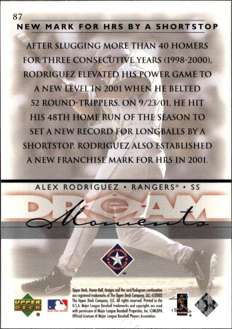 2002 Upper Deck Honor Roll Alex Rodriguez #87 baseball trading card back