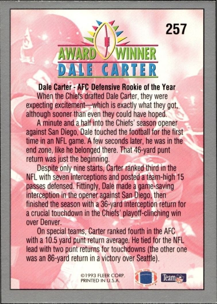 1993 Fleer Dale Carter #257 football trading card back