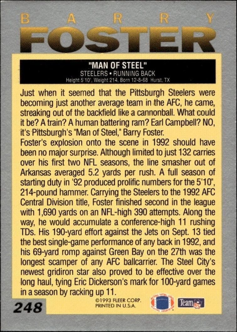1993 Fleer Barry Foster #248 football trading card back