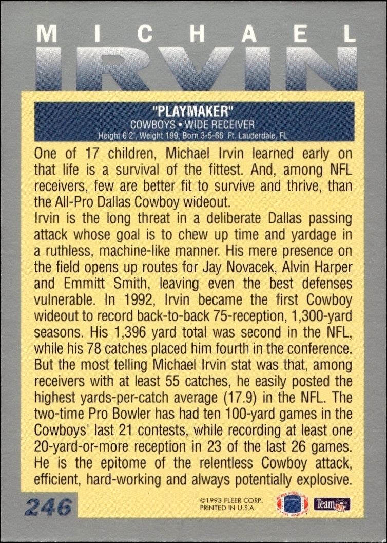1993 Fleer Michael Irvin #246 football trading card back