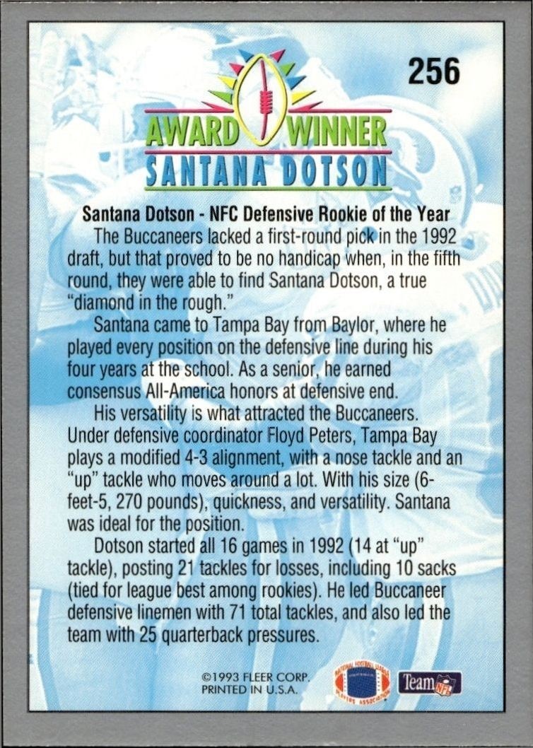 1993 Fleer Santana Dotson #256 football trading card back