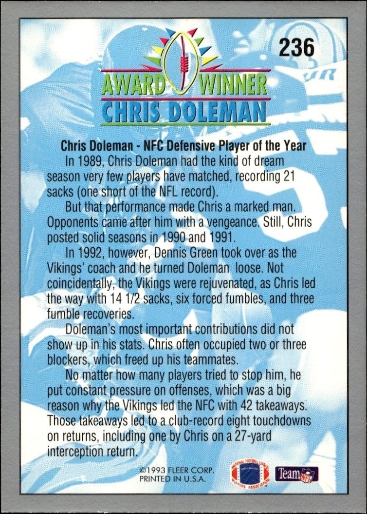 1993 Fleer Chris Doleman #236 football trading card back