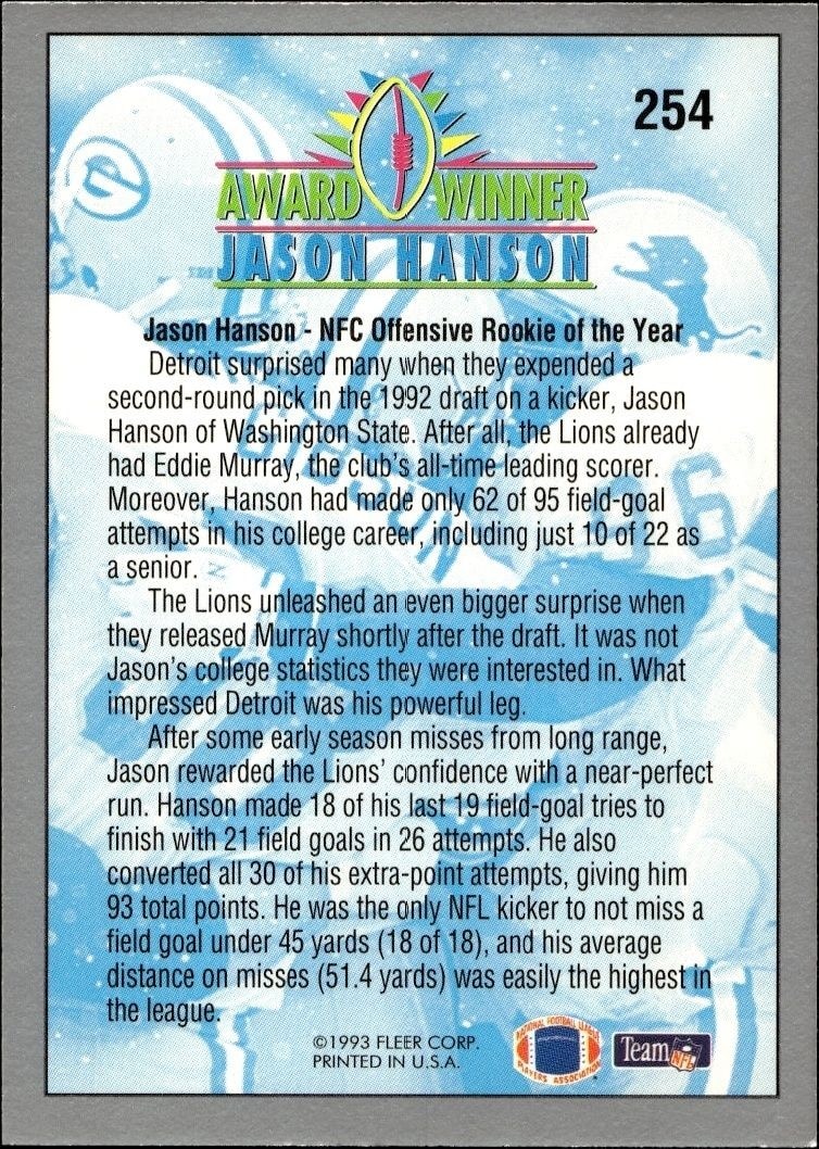 1993 Fleer Jason Hanson #254 football trading card back