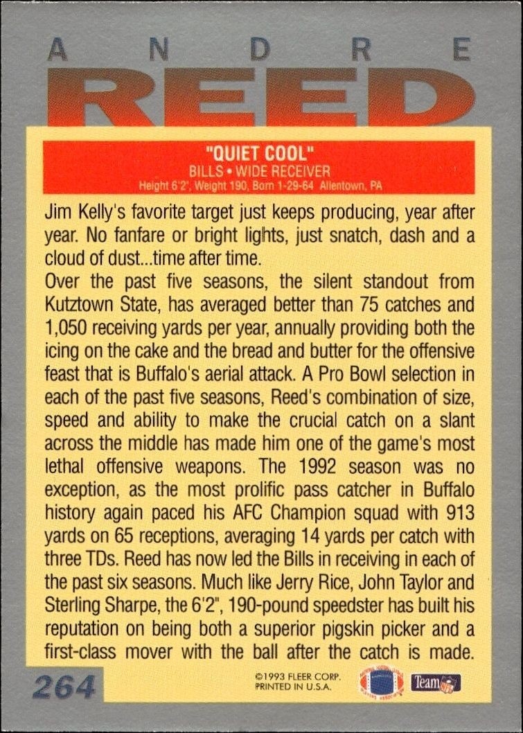 1993 Fleer Andre Reed #264 football trading card back
