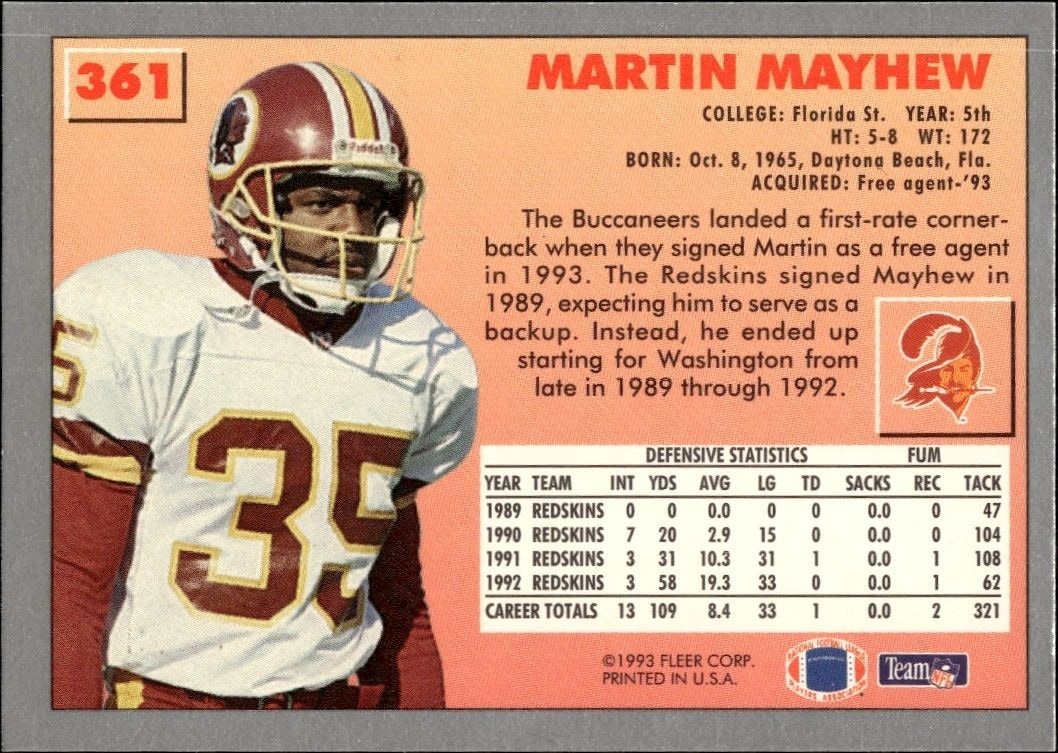 1993 Fleer Martin Mayhew #361 football trading card back