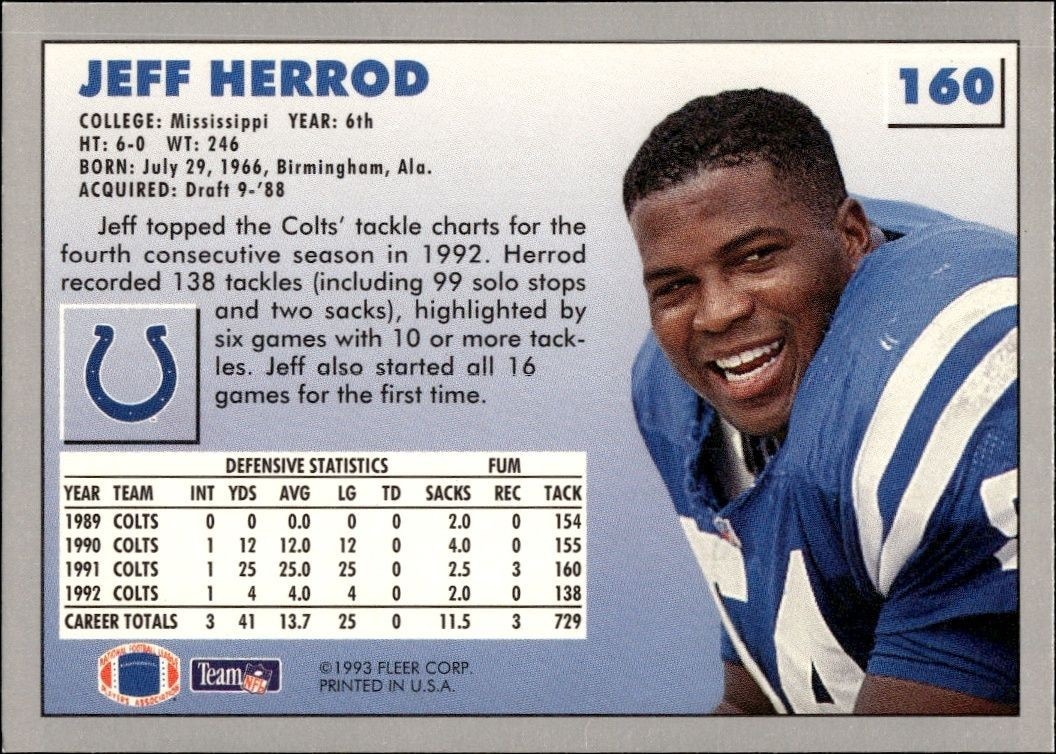 1993 Fleer Jeff Herrod #160 football trading card back