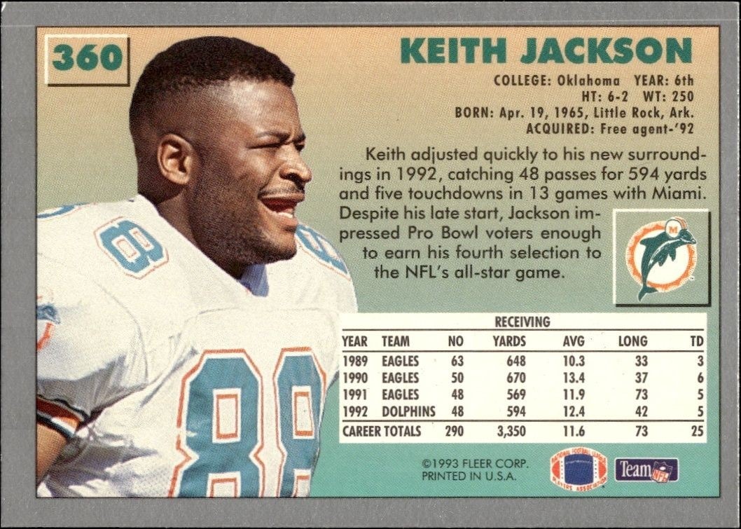 1993 Fleer Keith Jackson #360 football trading card back