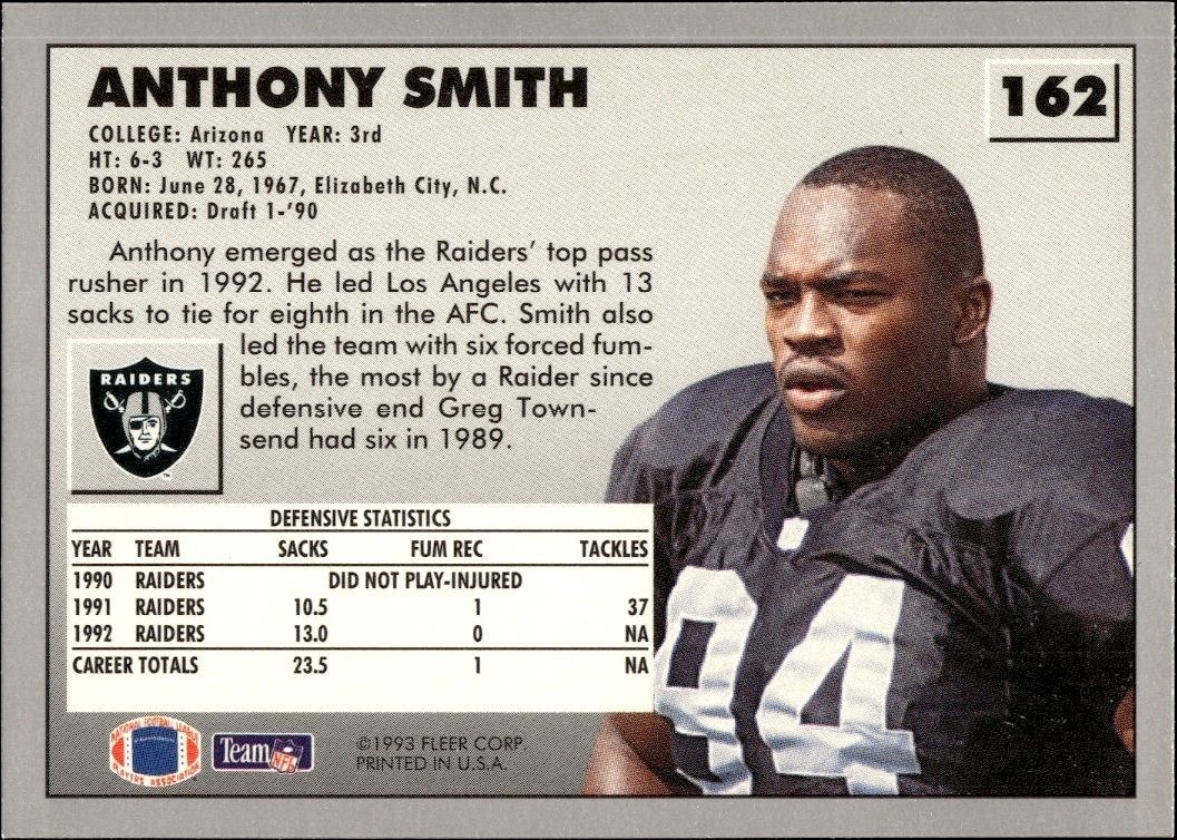 1993 Fleer Anthony Smith #162 football trading card back