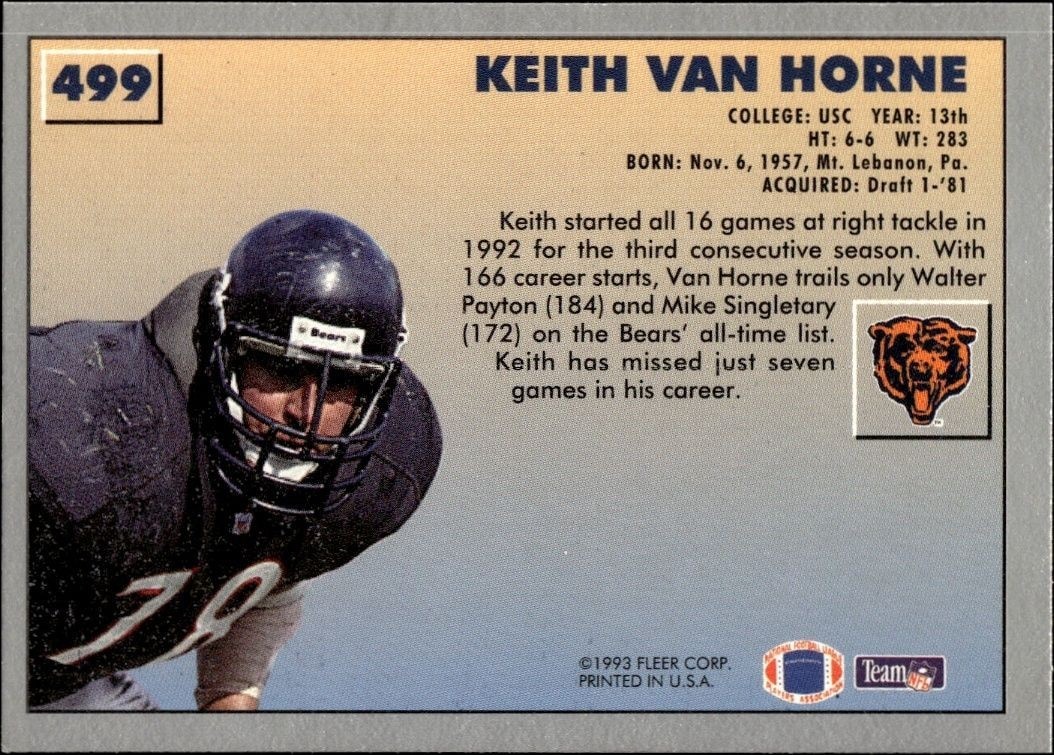 1993 Fleer Keith Van Horne #499 football trading card back