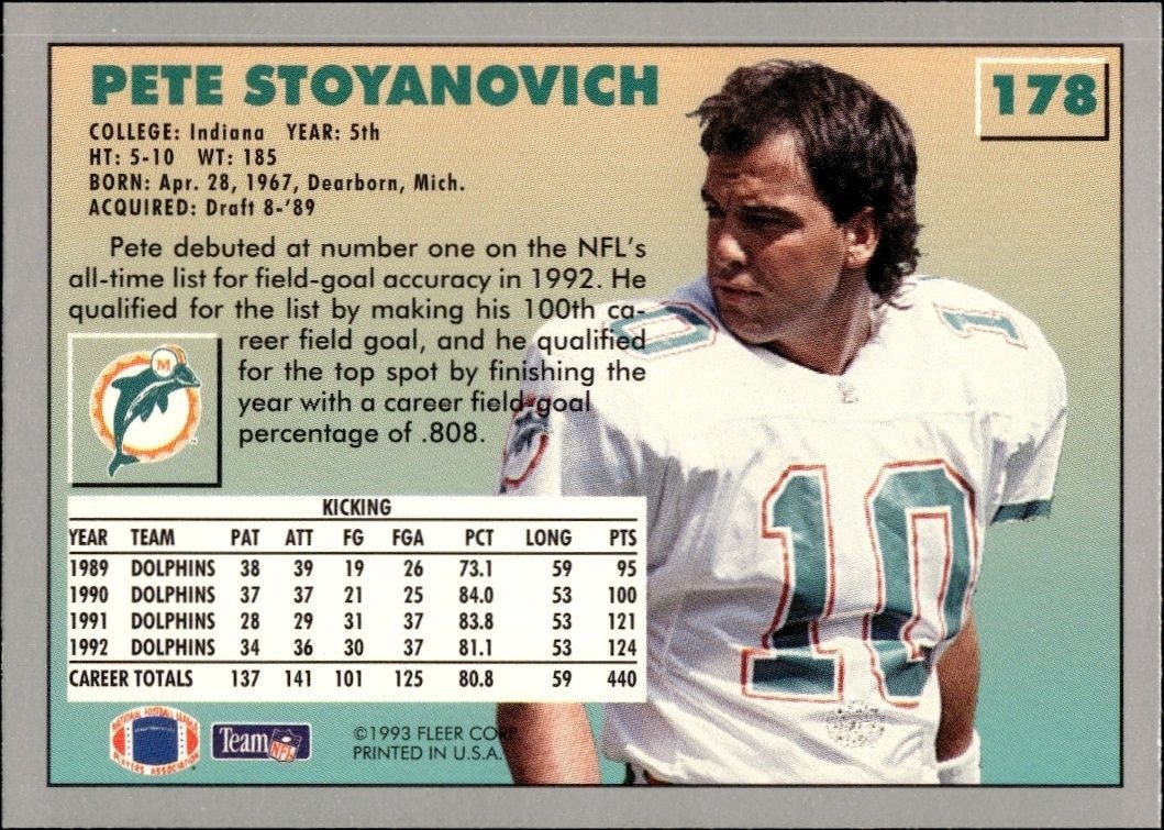 1993 Fleer Pete Stoyanovich #178 football trading card back
