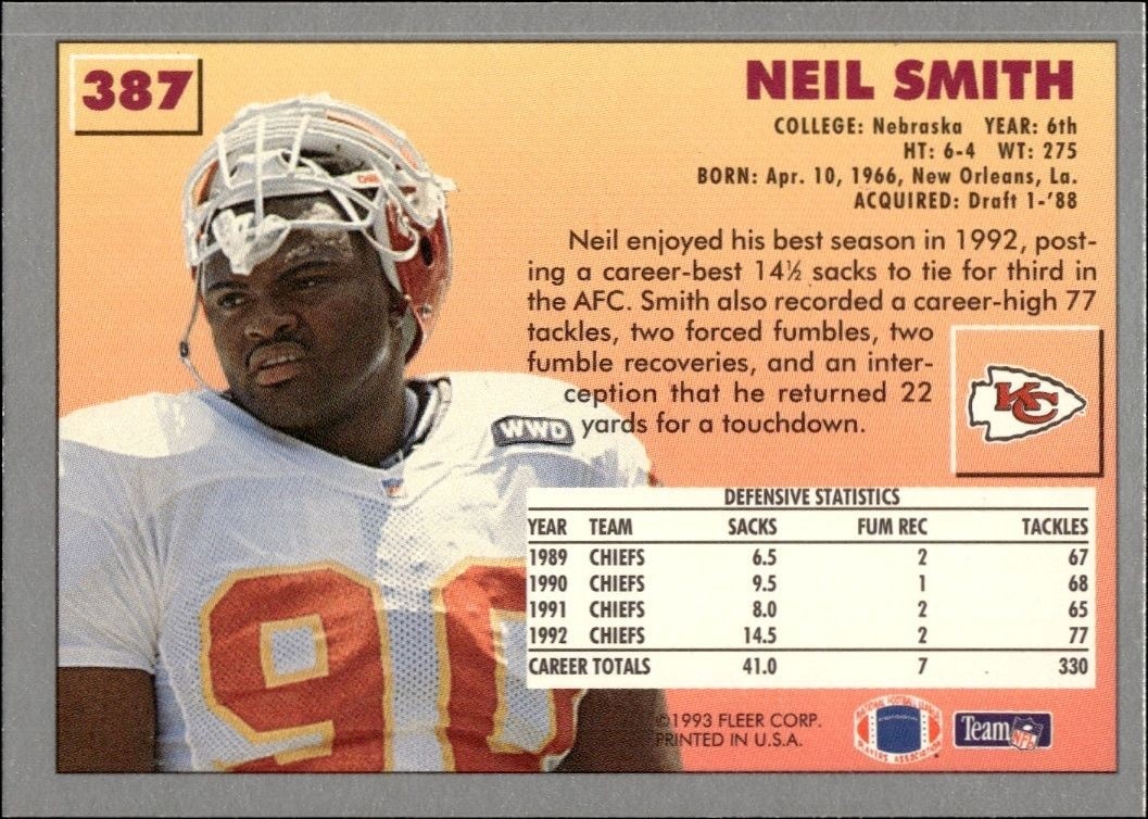 1993 Fleer Neil Smith #387 football trading card back