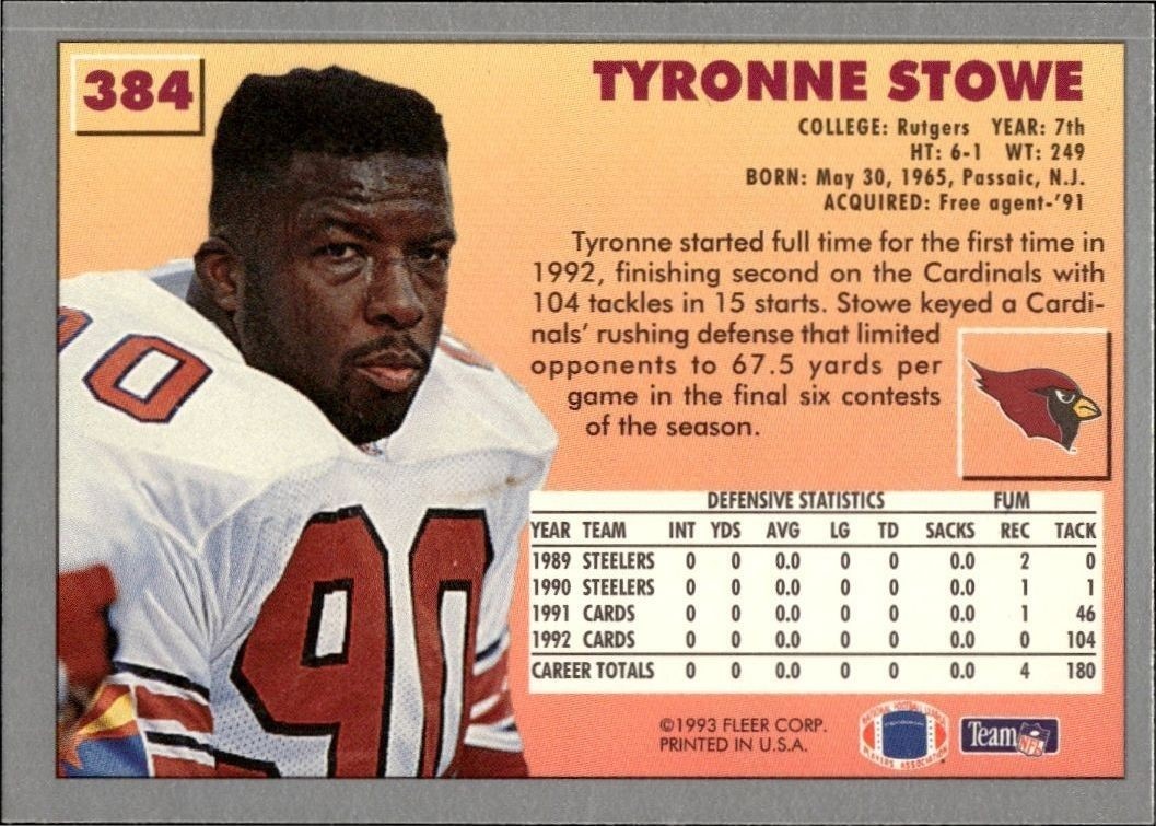 1993 Fleer Tyronne Stowe #384 football trading card back