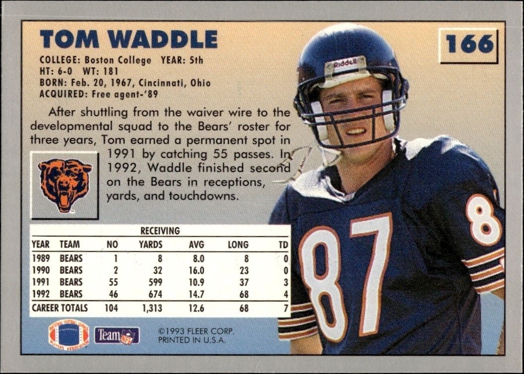 1993 Fleer Tom Waddle #166 football trading card back