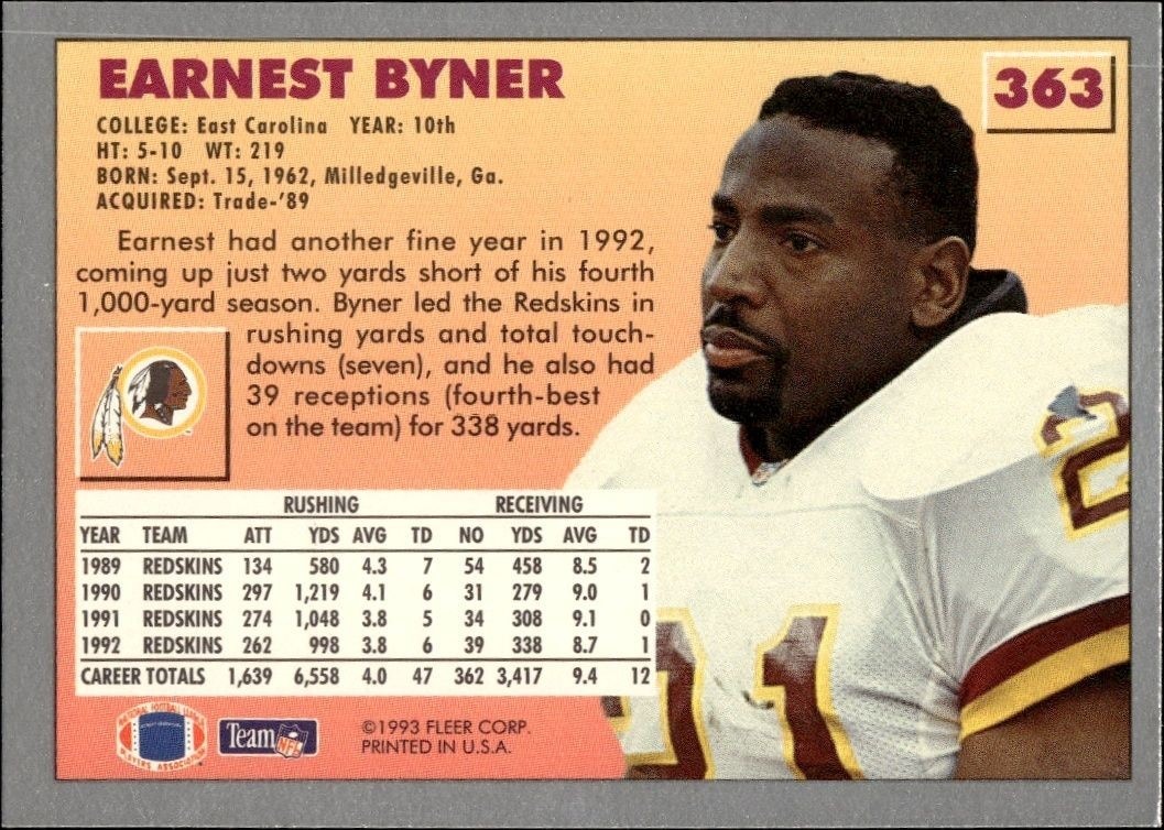 1993 Fleer Earnest Byner #363 football trading card back