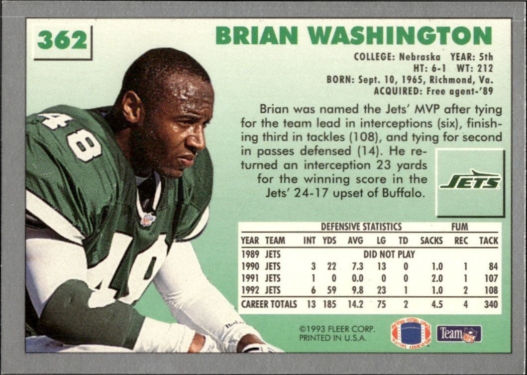 1993 Fleer Brian Washington #362 football trading card back