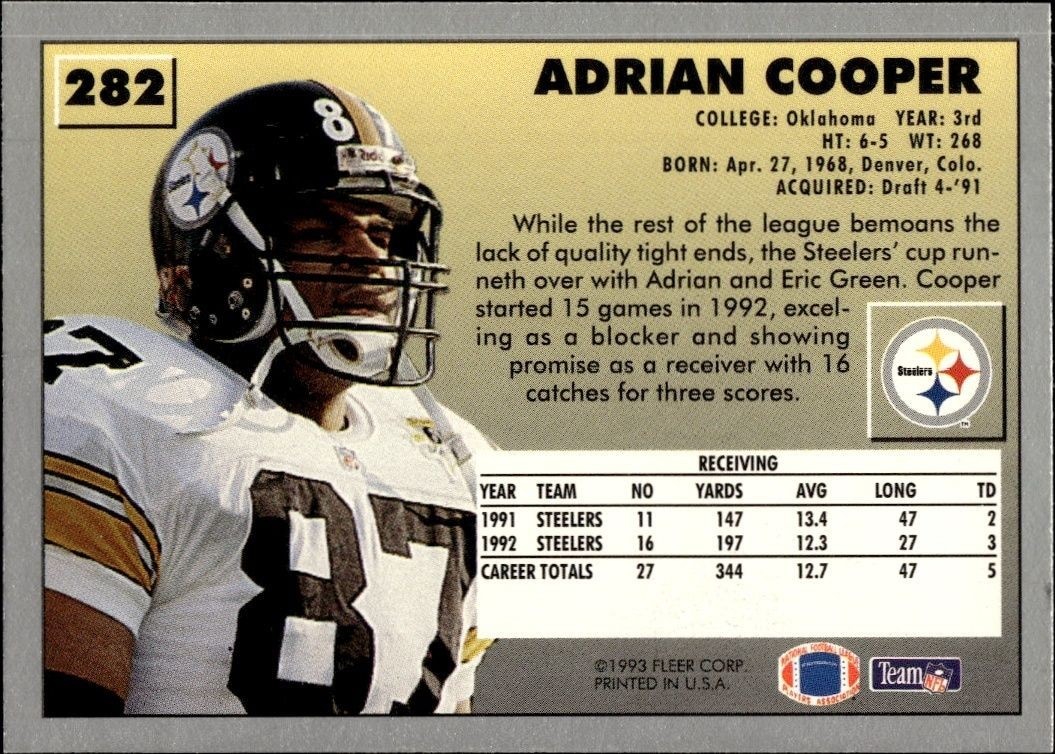 1993 Fleer Adrian Cooper #282 football trading card back