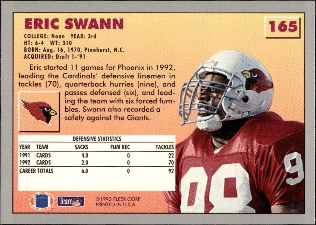 1993 Fleer Eric Swann #165 football trading card back