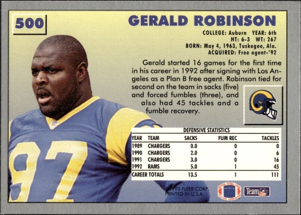 1993 Fleer Gerald Robinson #500 football trading card back