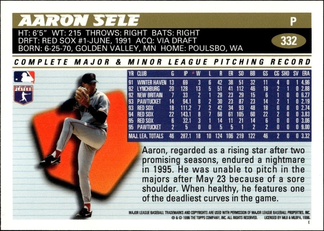 1996 Topps Aaron Sele #332 baseball trading card back