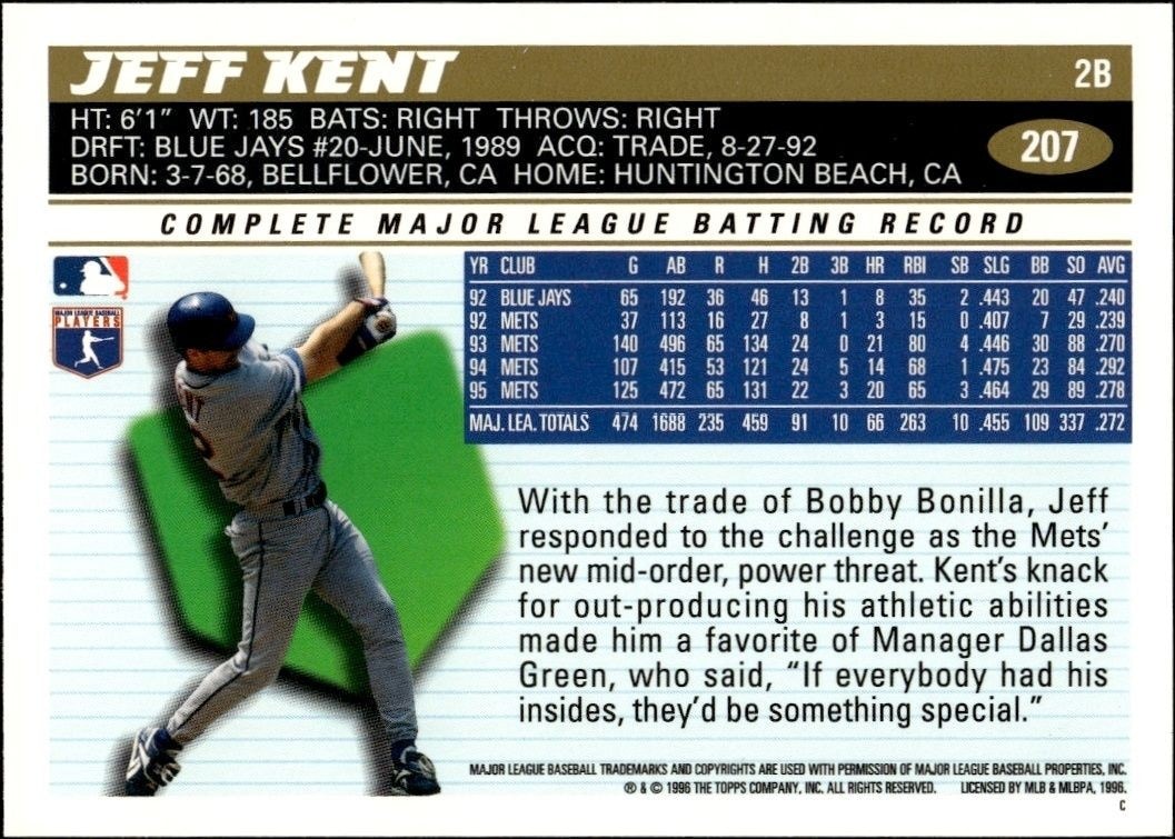 1996 Topps Jeff Kent #207 baseball trading card back