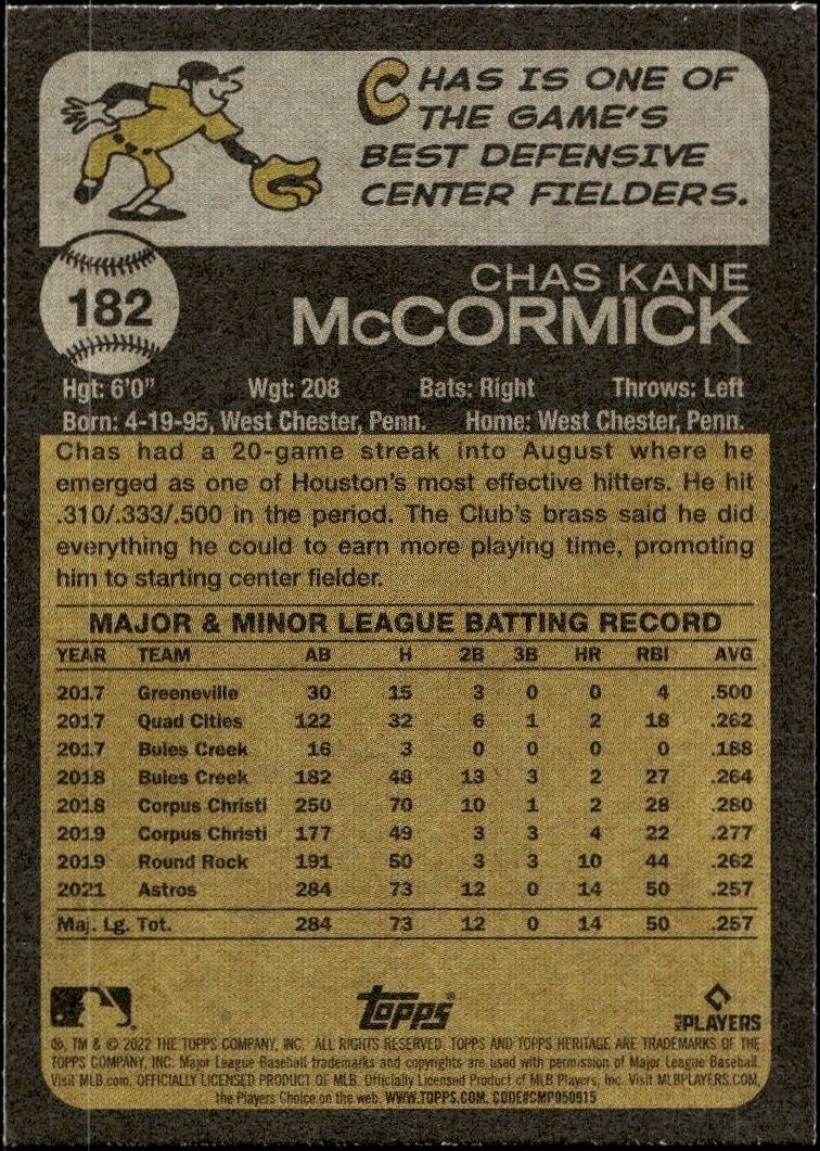 2022 Topps Heritage Chas McCormick #182 baseball trading card back