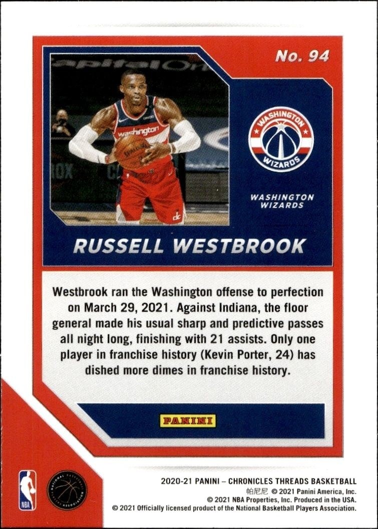 2020-21 Panini Chronicles Threads Russell Westbrook #94 basketball trading card back