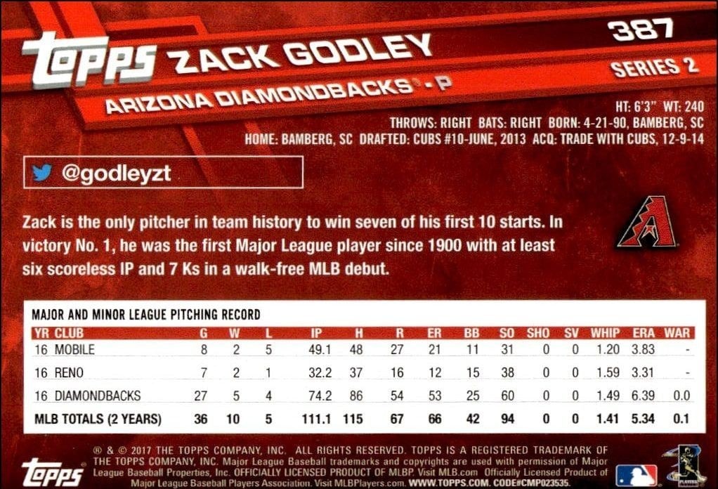 2017 Topps Series 2 Zack Godley #387 baseball trading card back