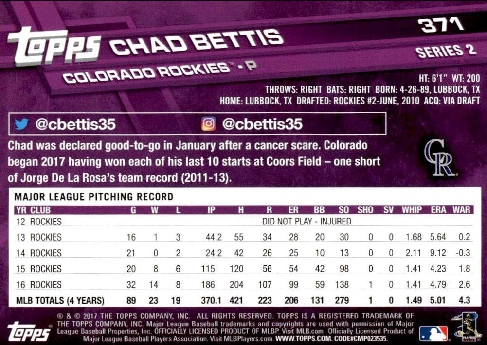 2017 Topps Series 2 Chad Bettis #371 baseball trading card back