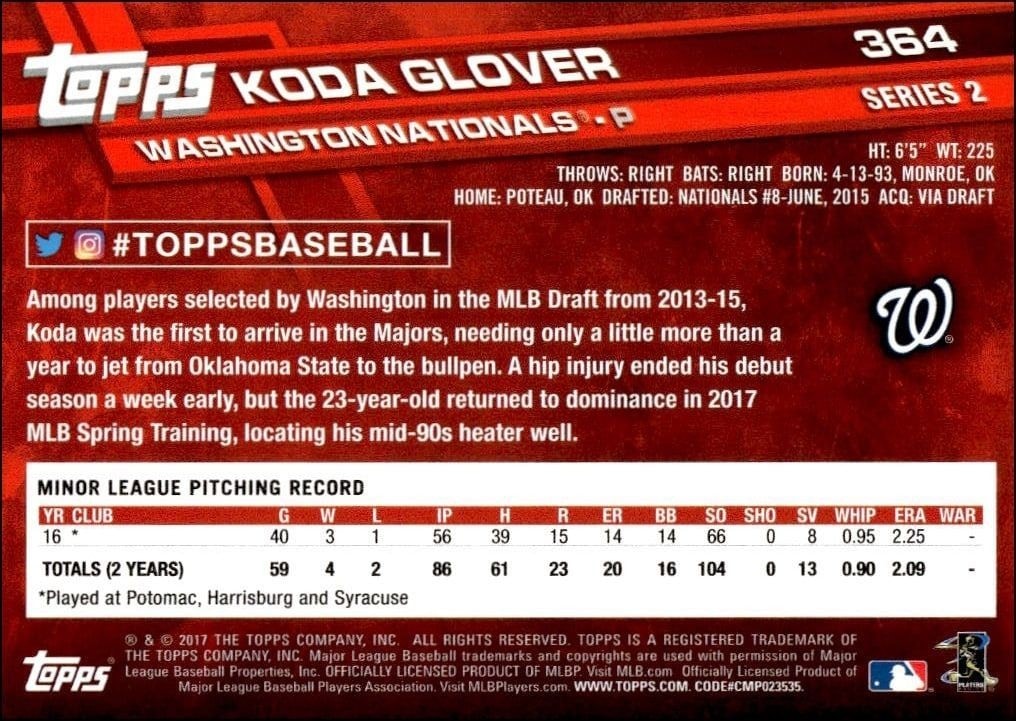 2017 Topps Series 2 Koda Glover #364 baseball trading card back