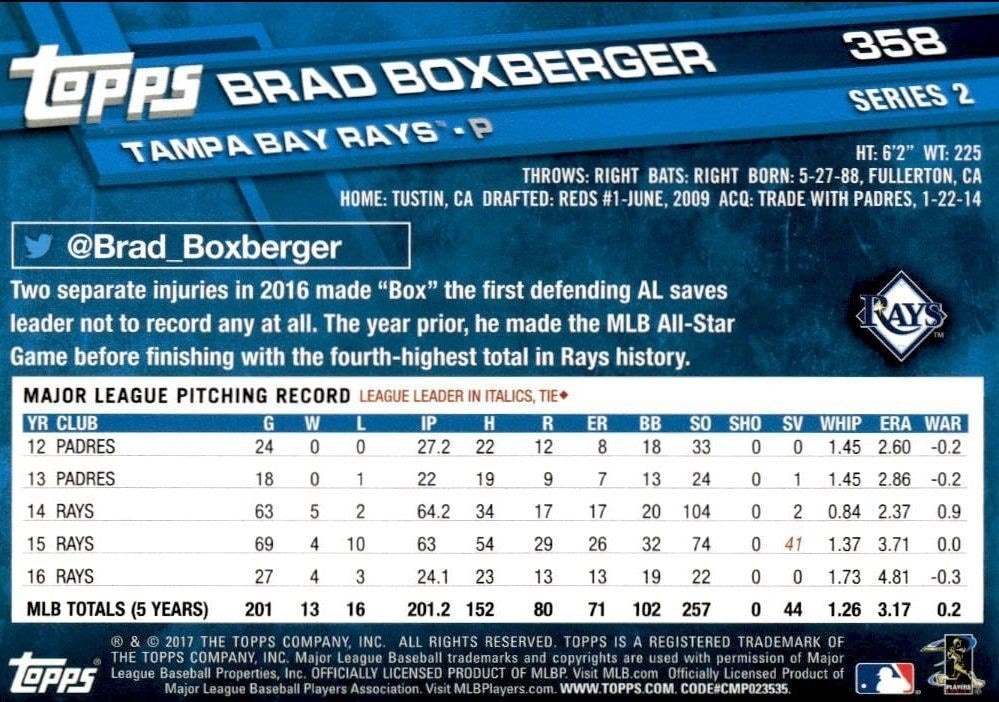 2017 Topps Series 2 Brad Boxberger #358 baseball trading card back