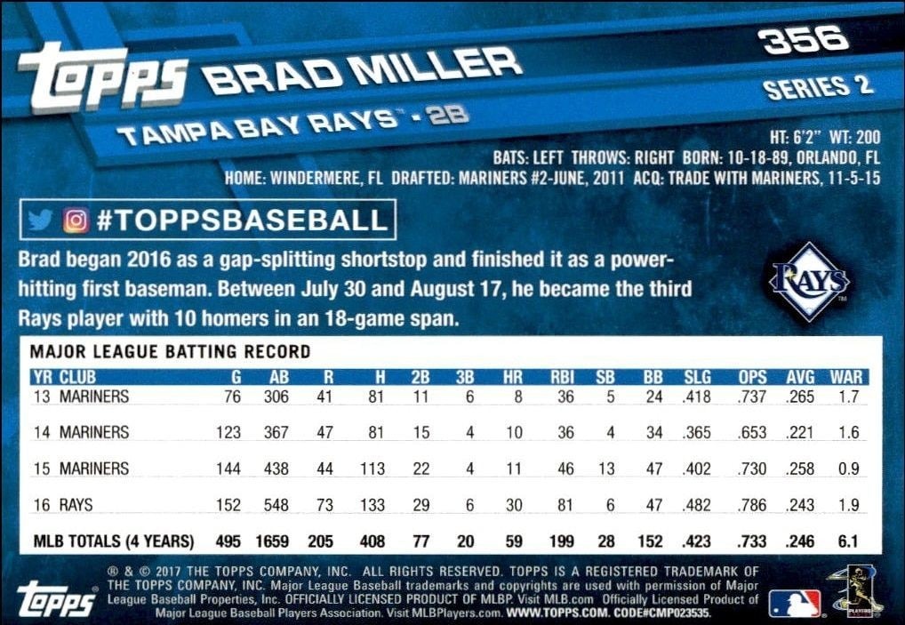 2017 Topps Series 2 Brad Miller #356 baseball trading card back