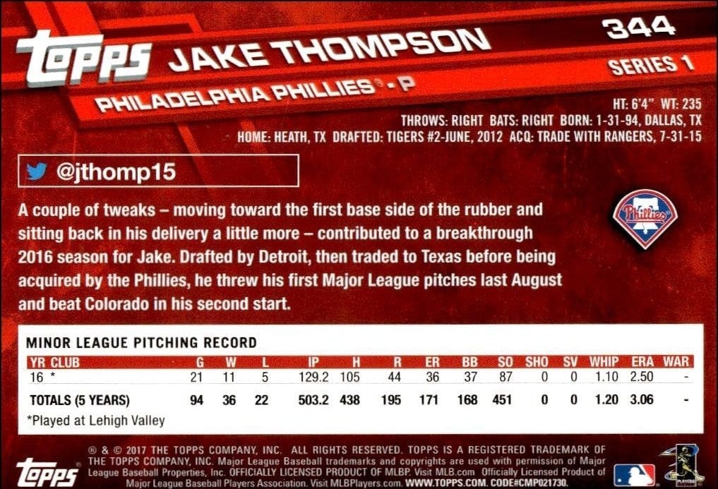 2017 Topps Jake Thompson #344 baseball trading card back