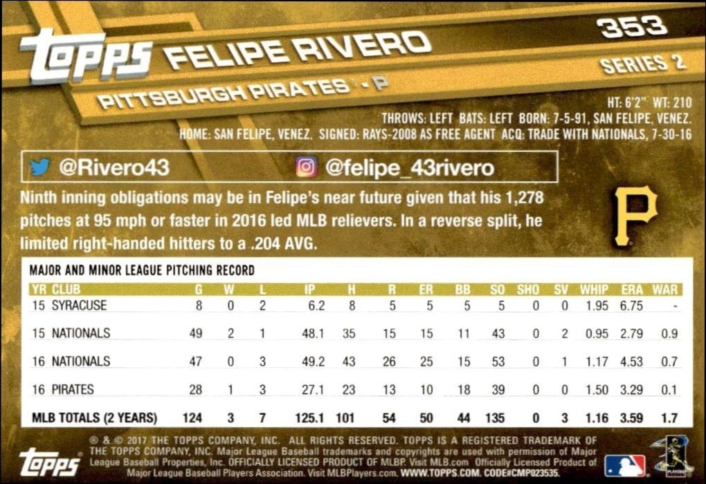 2017 Topps Series 2 Felipe Rivero #353 baseball trading card back