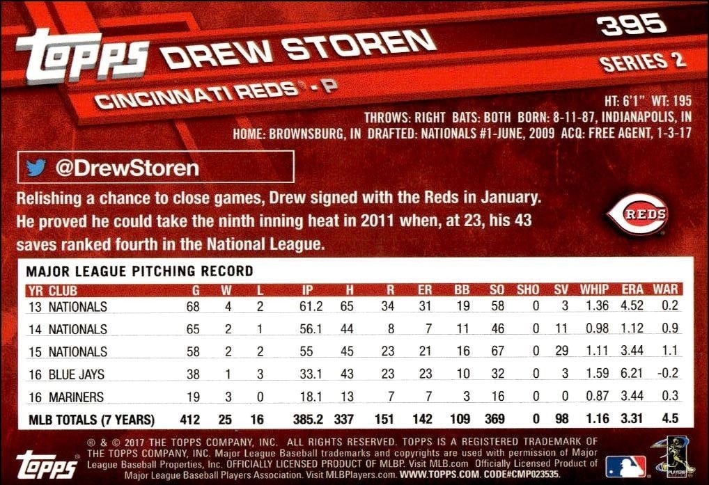 2017 Topps Series 2 Drew Storen #395 baseball trading card back