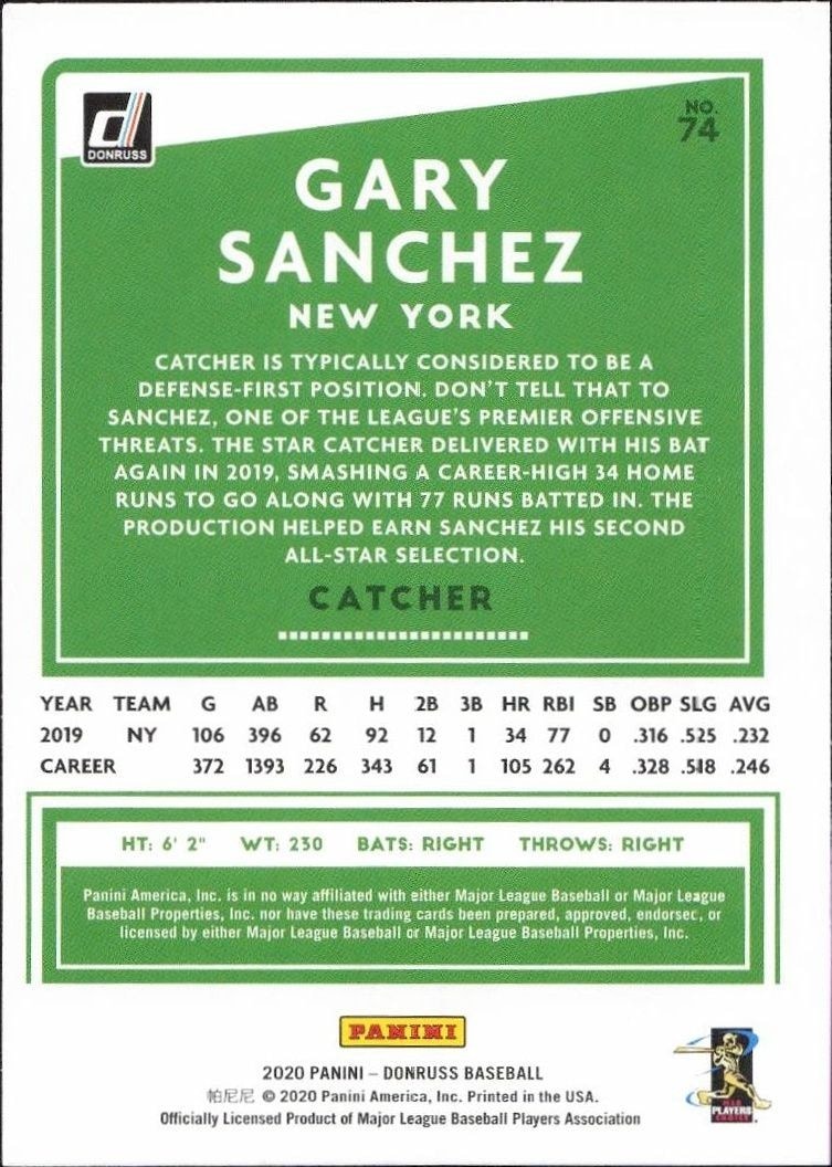 2020 Panini Donruss Gary Sanchez #74 baseball trading card back