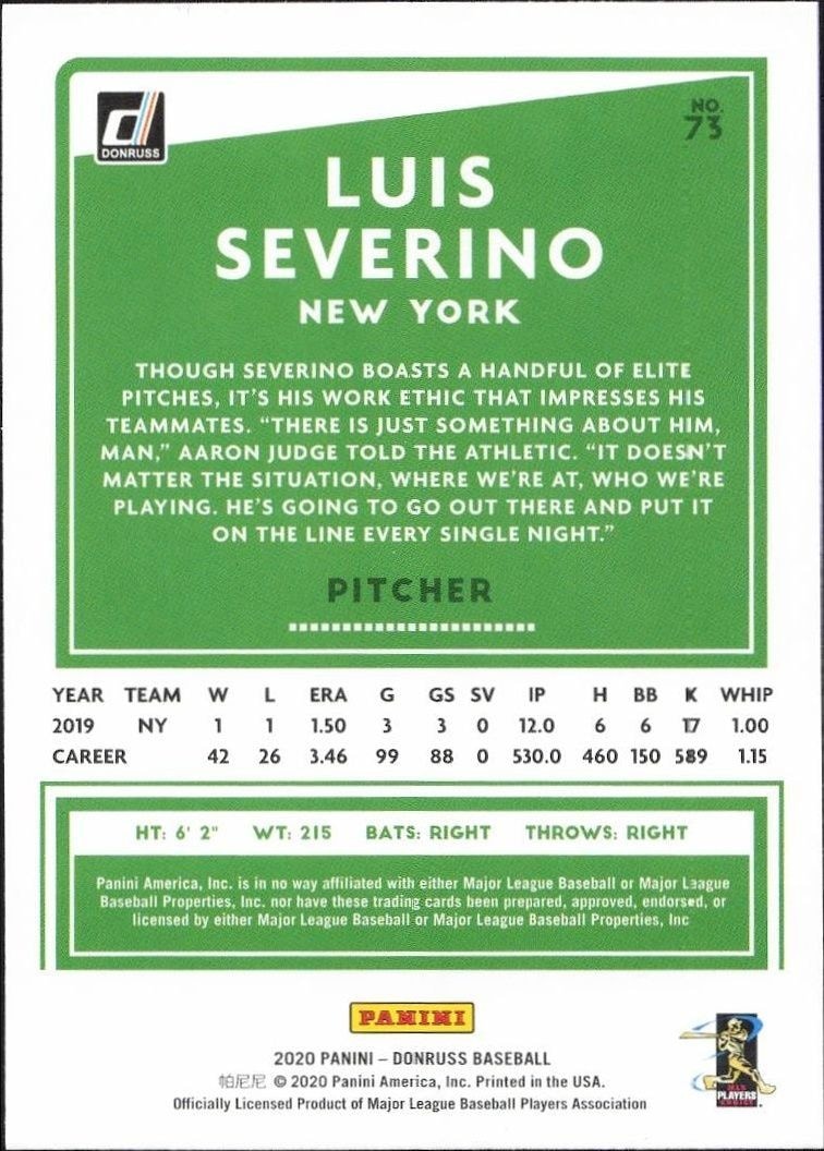 2020 Panini Donruss Luis Severino #73 baseball trading card back