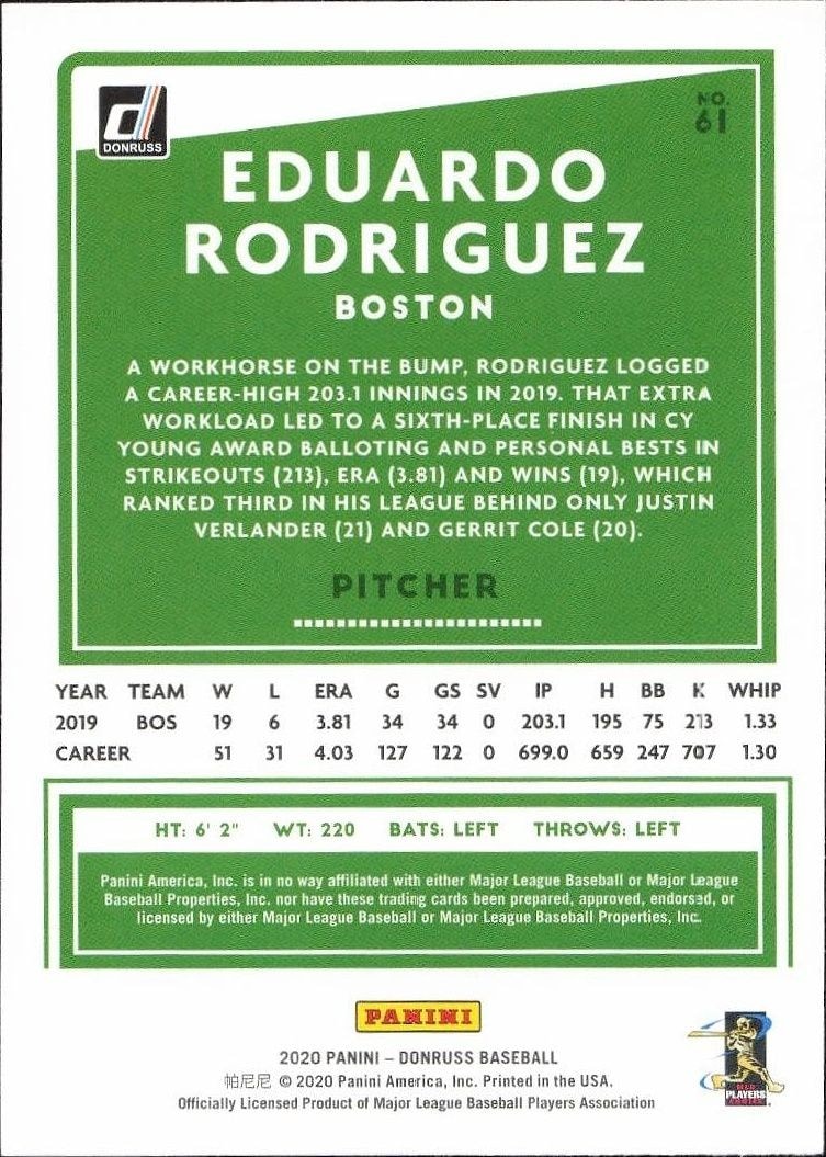 2020 Panini Donruss Eduardo Rodriguez #61 baseball trading card back